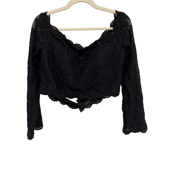 Vintage 90s Lace Crop Top Size 14 Open Back Black Grunge Whimsigoth Witchy Emo - Picture 1 of 9